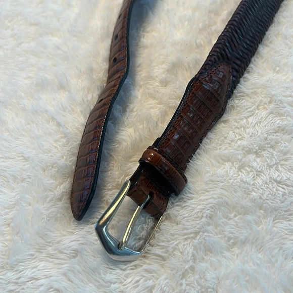 Vintage Brown Belt Sz 34 Fishtail Braided Fullgrain Leather Reptile Brass Buckle - Picture 12 of 16